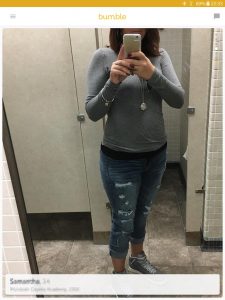 Example of a Bumble profile picture: mirror selfie in restroom