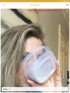 Example of a Bumble profile picture: woman drinking milk from tupperware